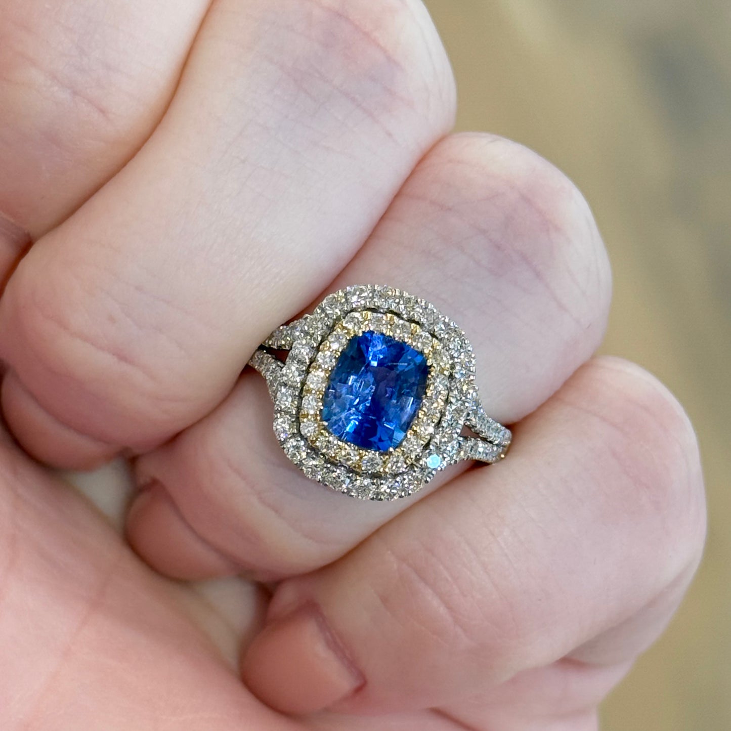 Platinum and 14K Yellow Gold Sapphire and Double Diamond Halo Ring