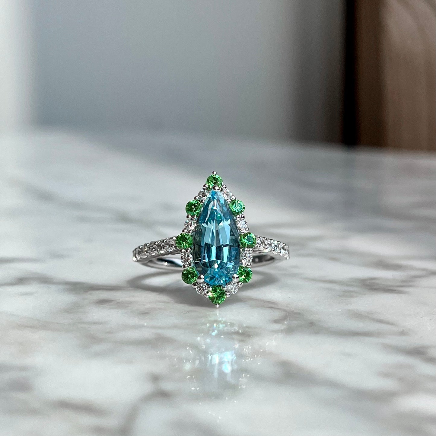 14K White Gold Aquamarine, Diamond & Tsavorite Garnet Ring