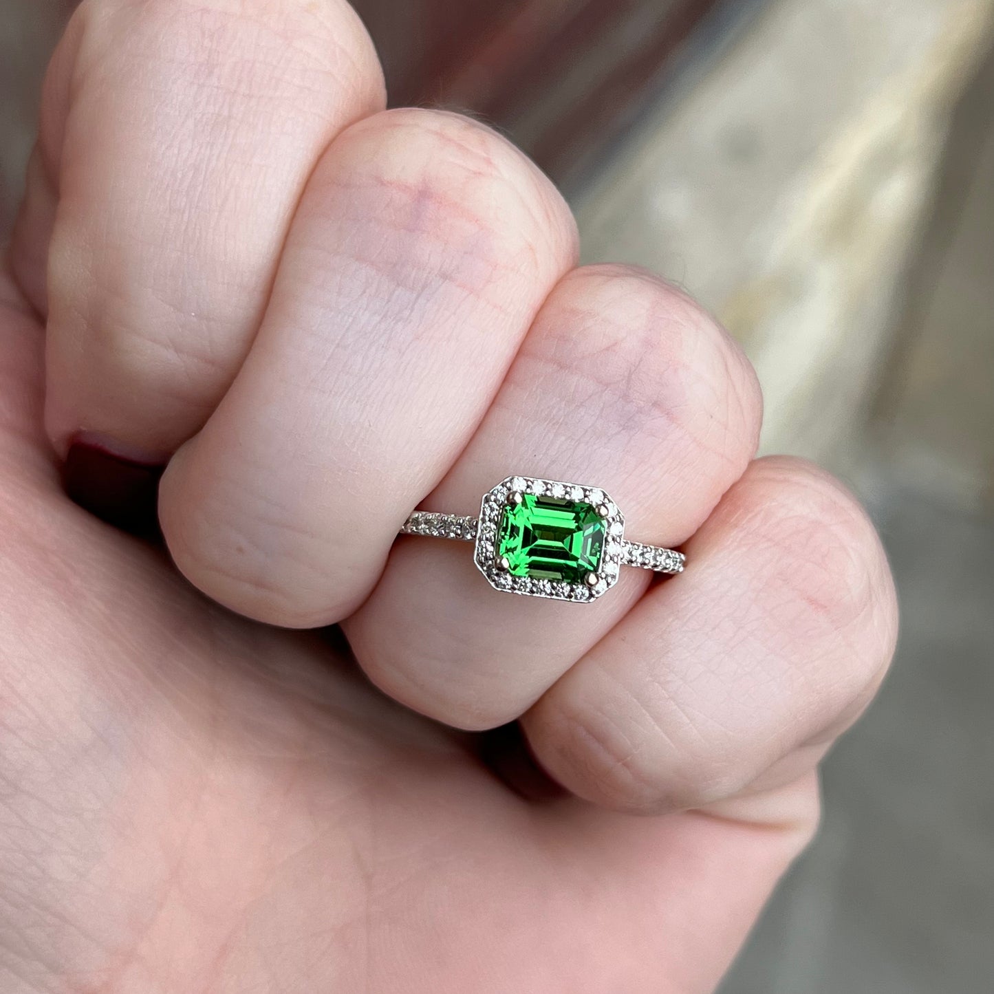 14K White Gold Tsavorite Garnet and Diamond Halo Ring