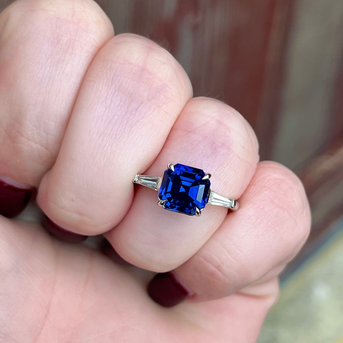 14K White Gold Sapphire and Diamond Three Stone Ring