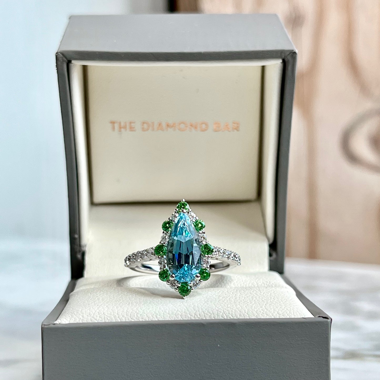 14K White Gold Aquamarine, Diamond & Tsavorite Garnet Ring