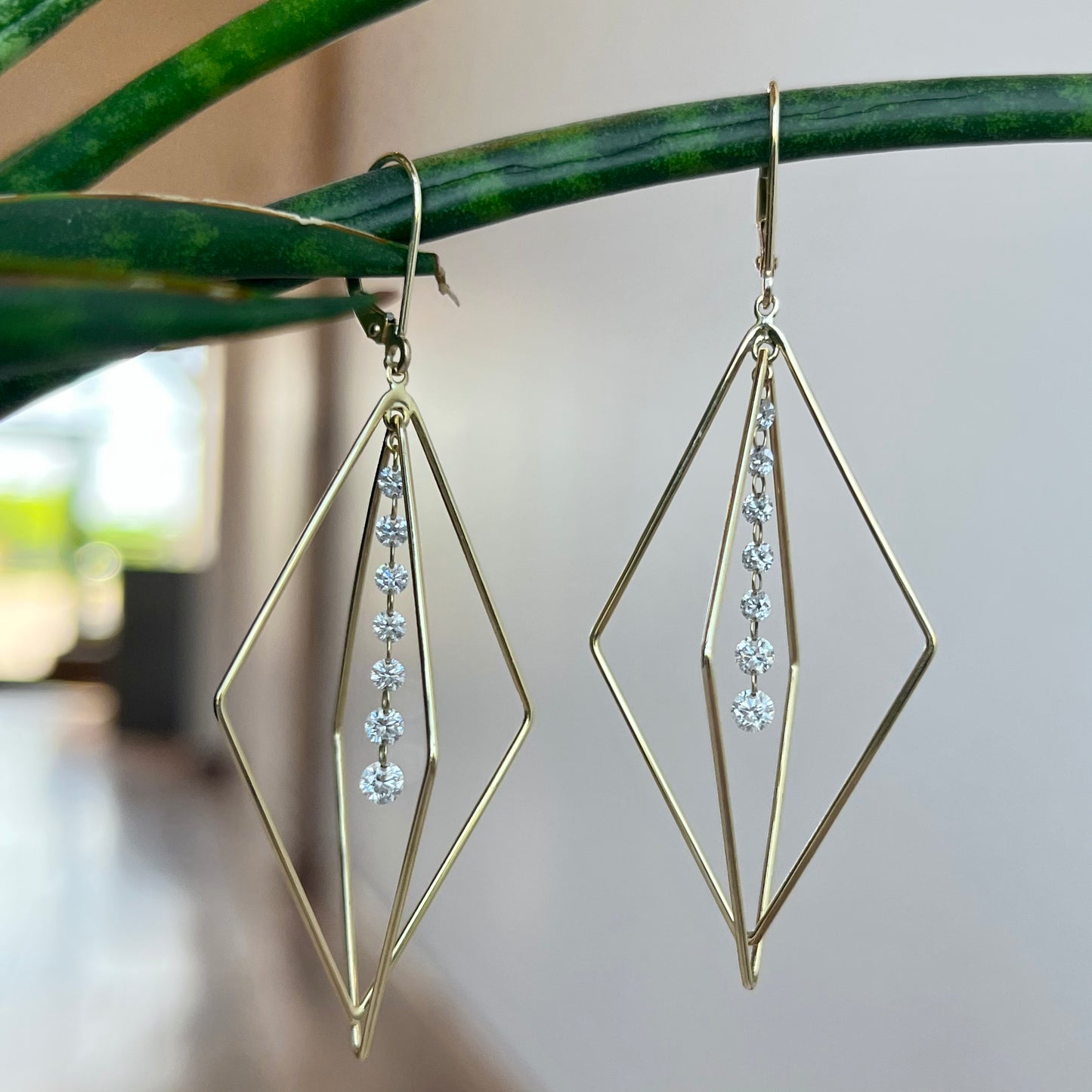 14K Yellow Gold Floating Diamond Dangle Geometric Earring