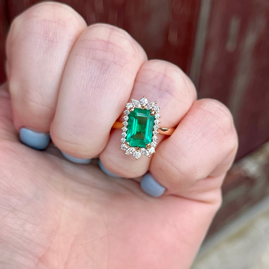 14K Rose Gold Emerald and Diamond Halo Ring 2.36CTW