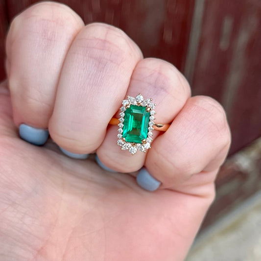 14K Rose Gold Emerald and Diamond Halo Ring 2.36CTW