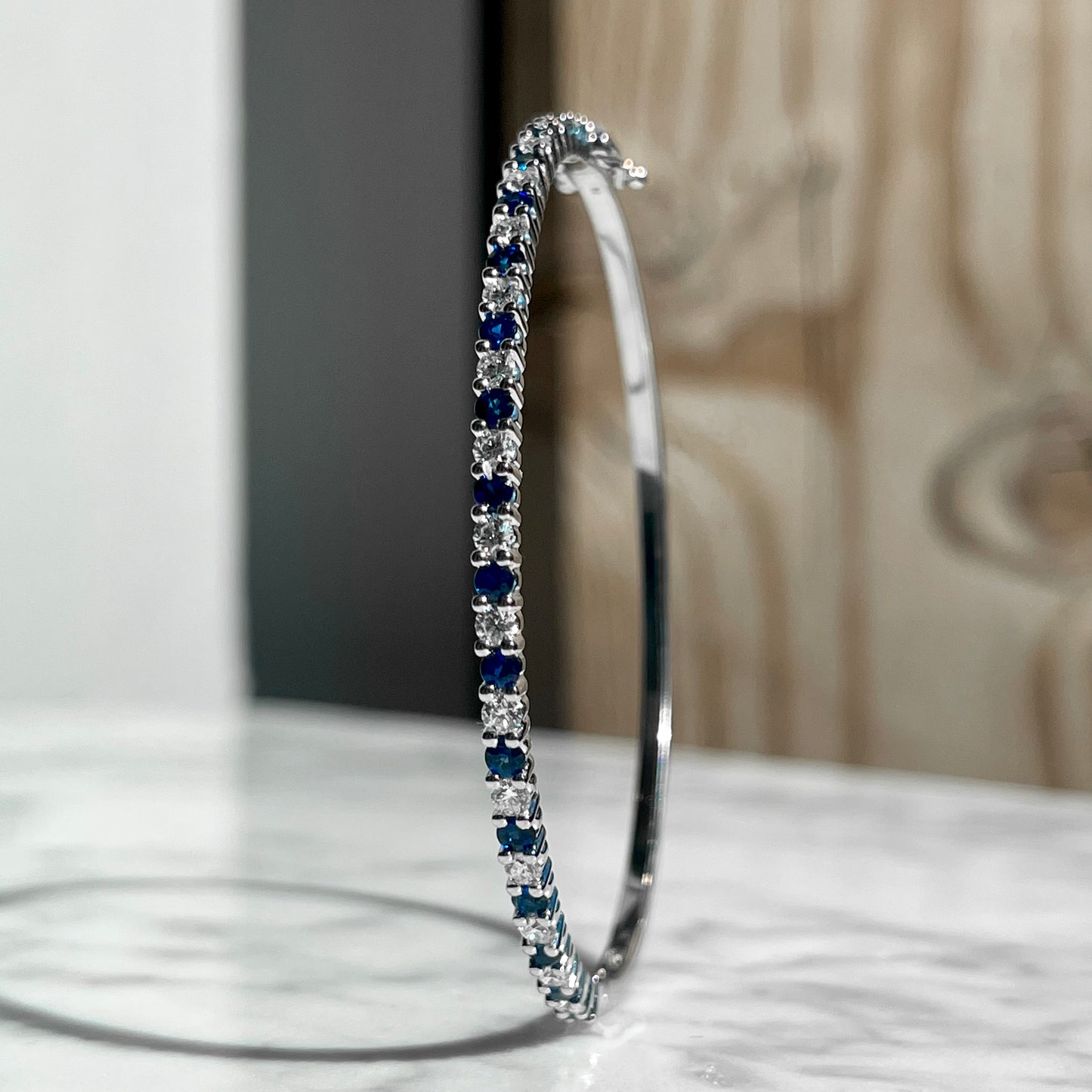 14K White Gold Sapphire and Diamond Bangle Bracelet