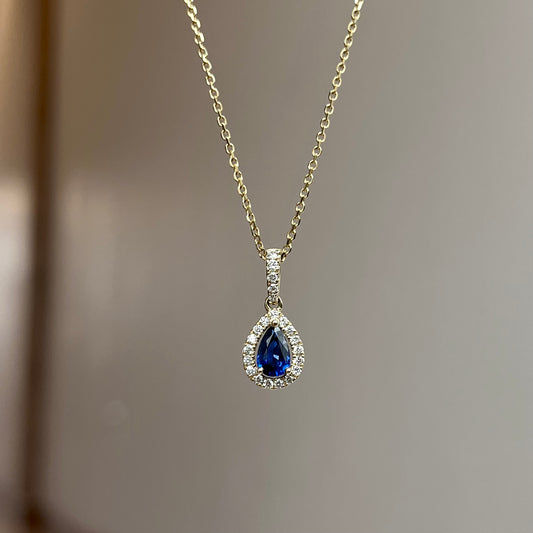 14K Yellow Gold Pear Shape Sapphire and Diamond Halo Necklace