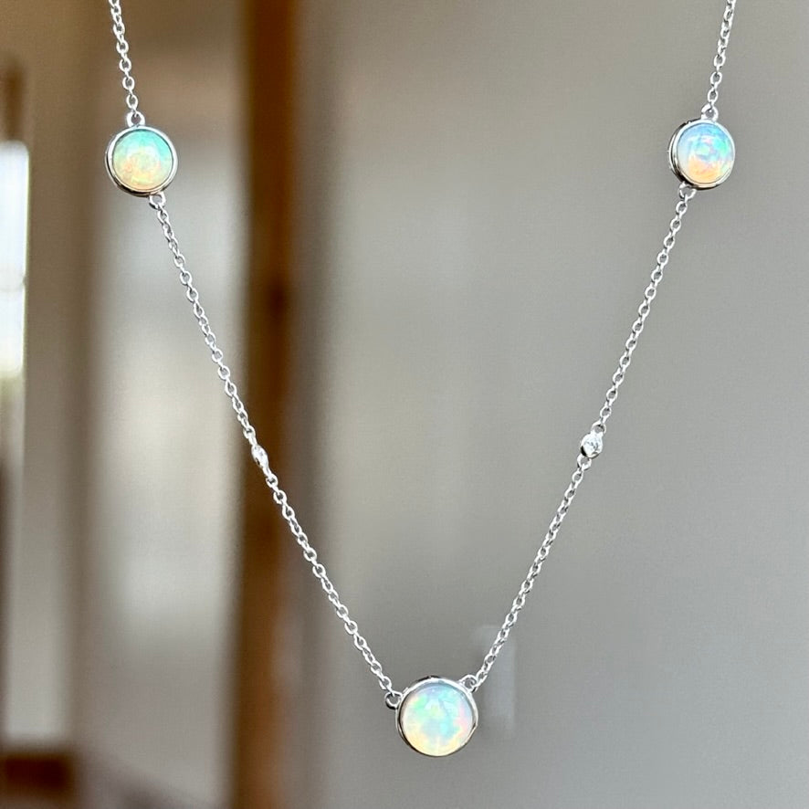 14K White Gold Opal and Diamond Bezel Necklace