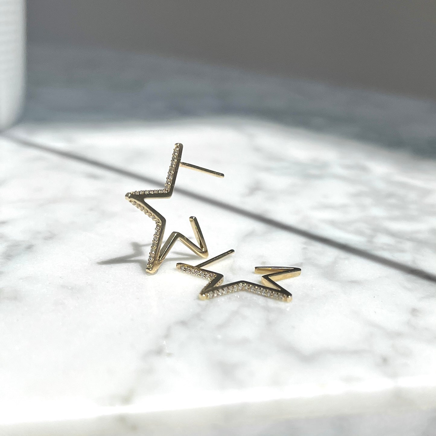 14K Yellow Gold Diamond Star Hoop Earrings