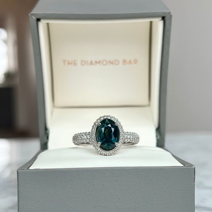 14K White Gold Pavé Diamond Halo and Teal Sapphire Ring 2.30CTW