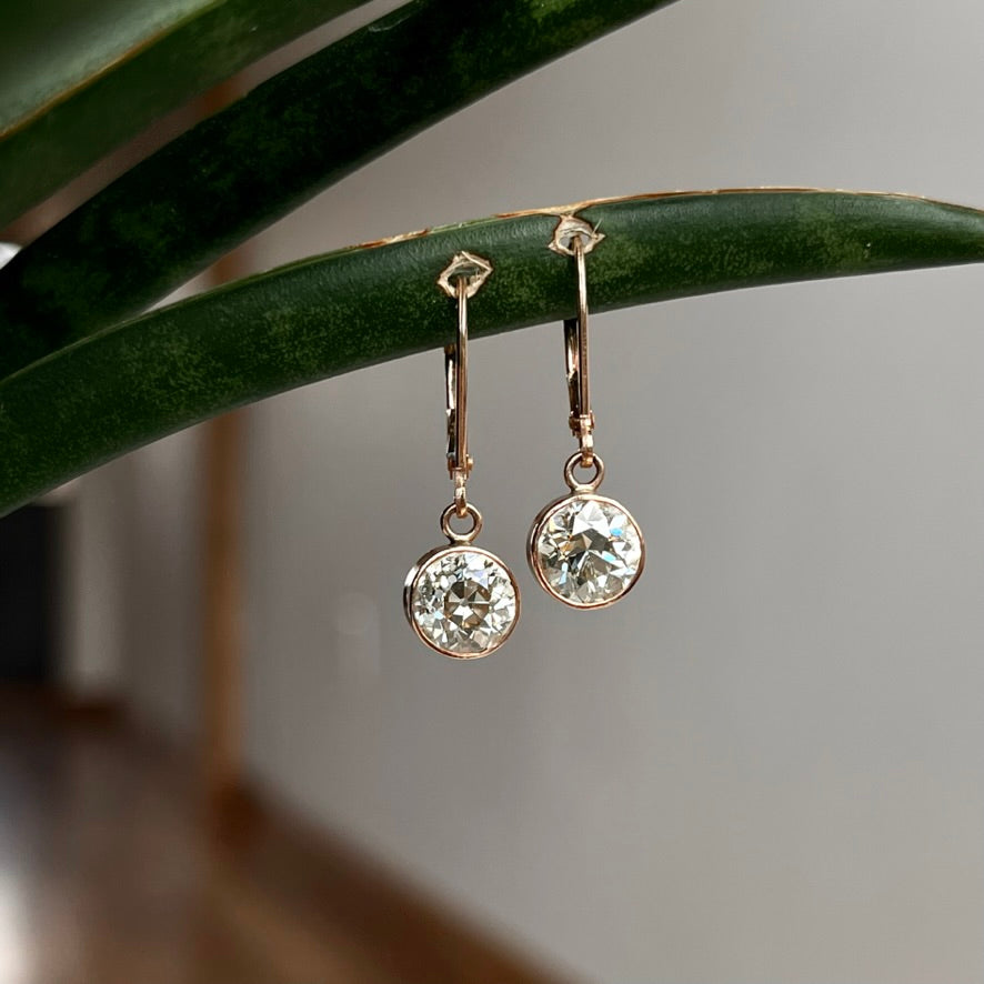 14K Rose Gold Vintage Old European Cut Diamond Bezel Earrings 2.84CTW