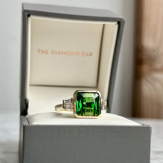 14K Yellow Gold Green Tourmaline and Diamond Three Stone Ring