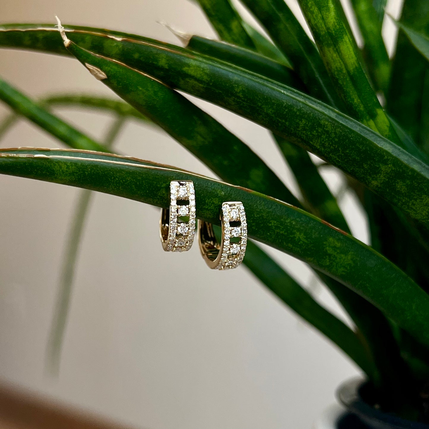 14K Yellow Gold Diamond Huggie Hoop Earring