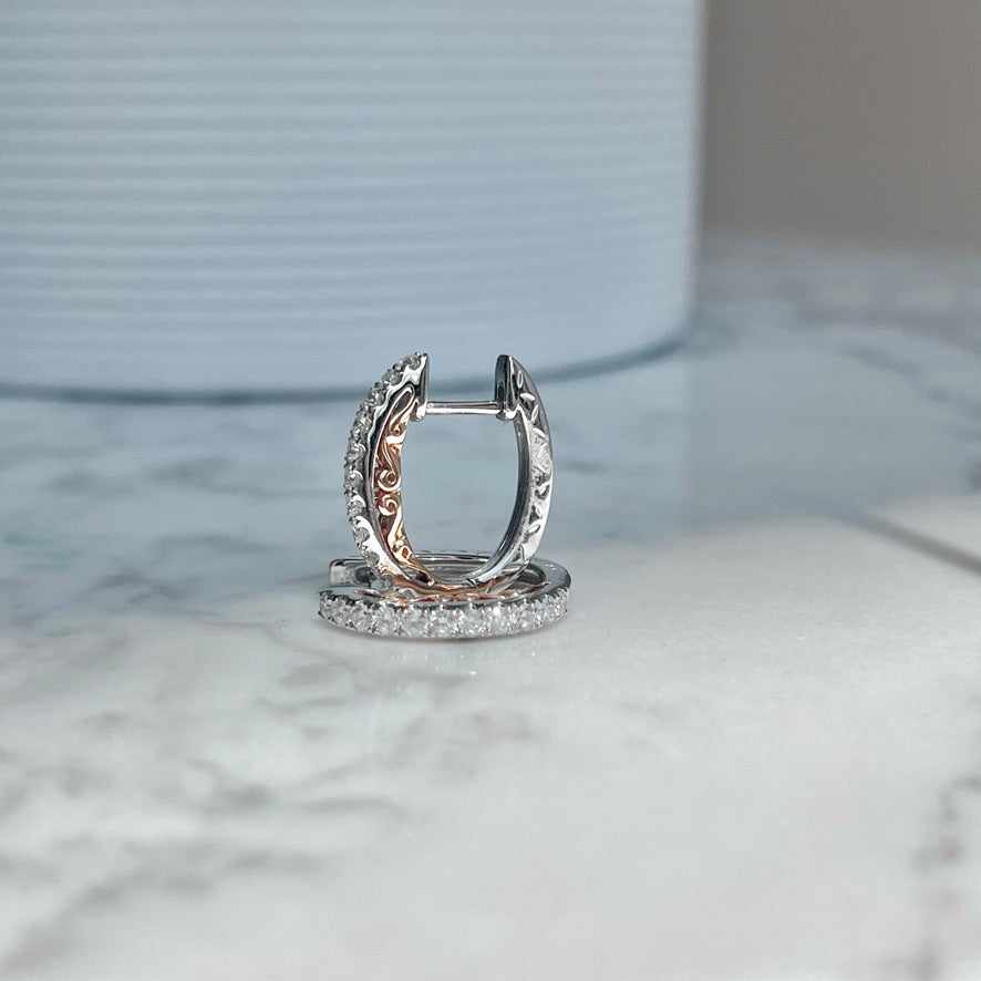 14K White and Rose Gold Straight Diamond Huggie Hoop Earrings