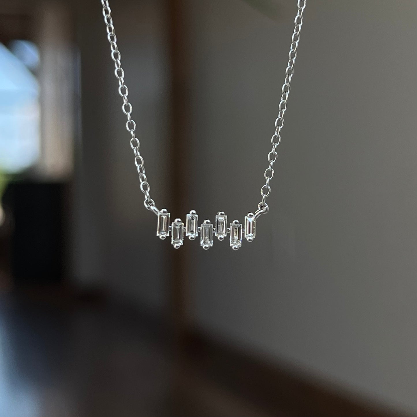 14K White Gold Straight Baguette Staggered Bar Necklace