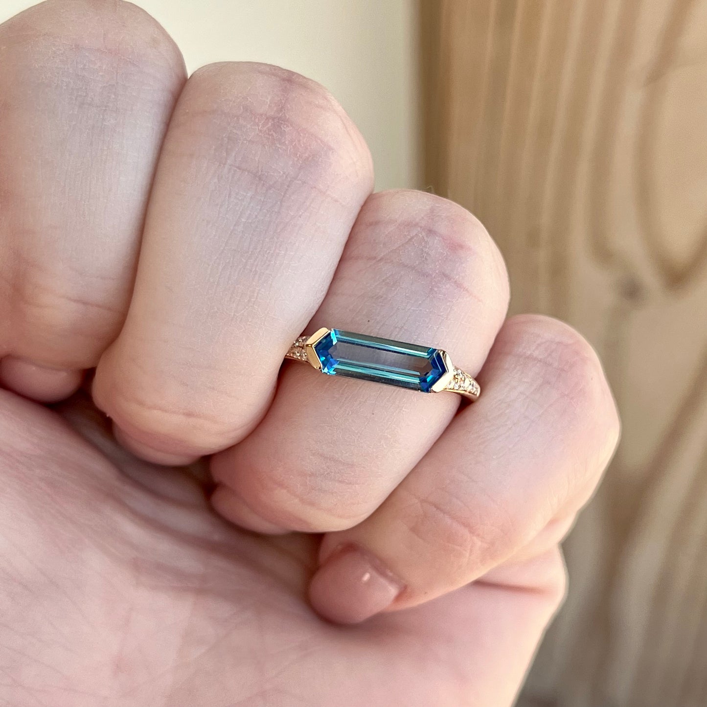 14K East West Hexagon Blue Topaz and Diamond Ring