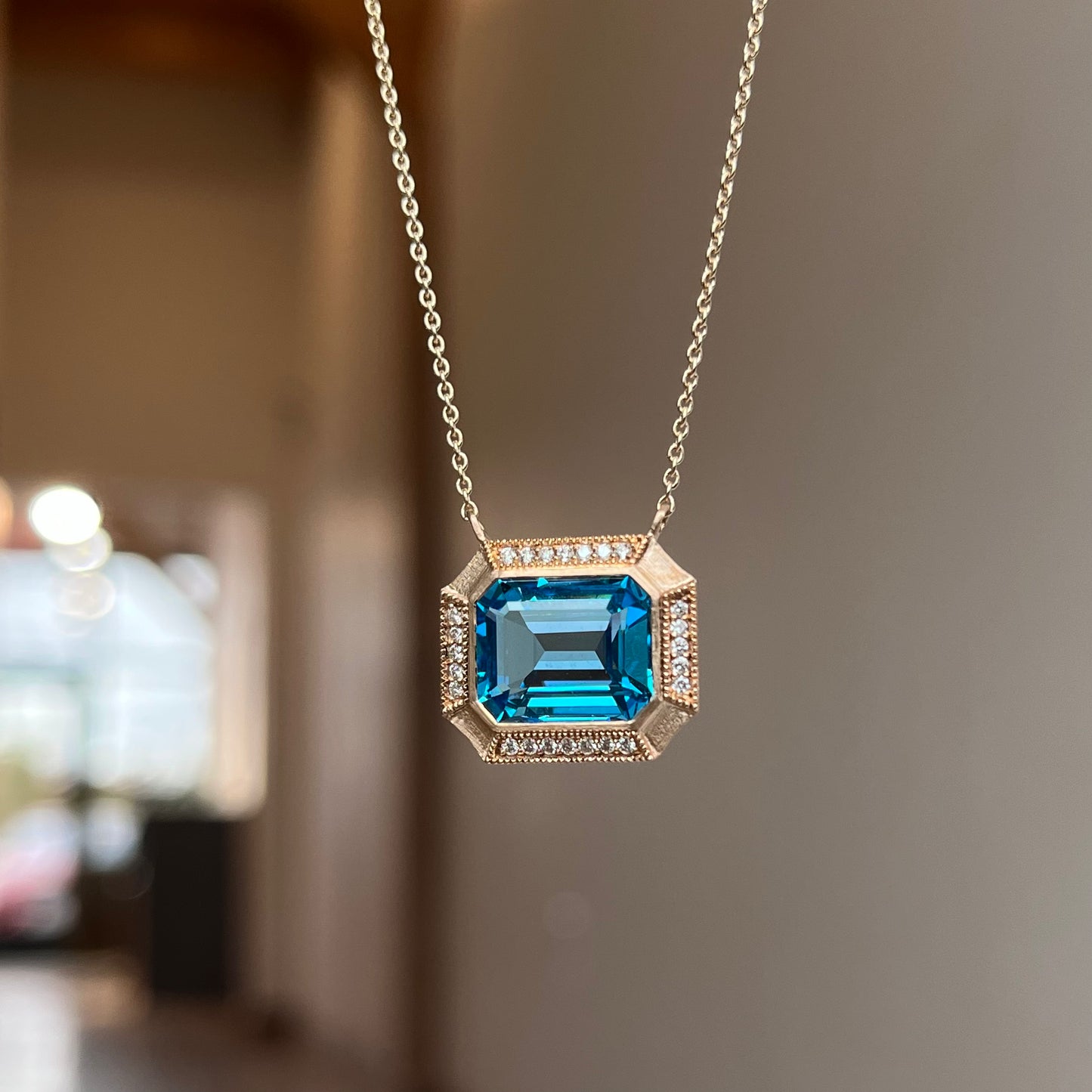 14K Rose Gold Blue Topaz Diamond Halo East/West Necklace