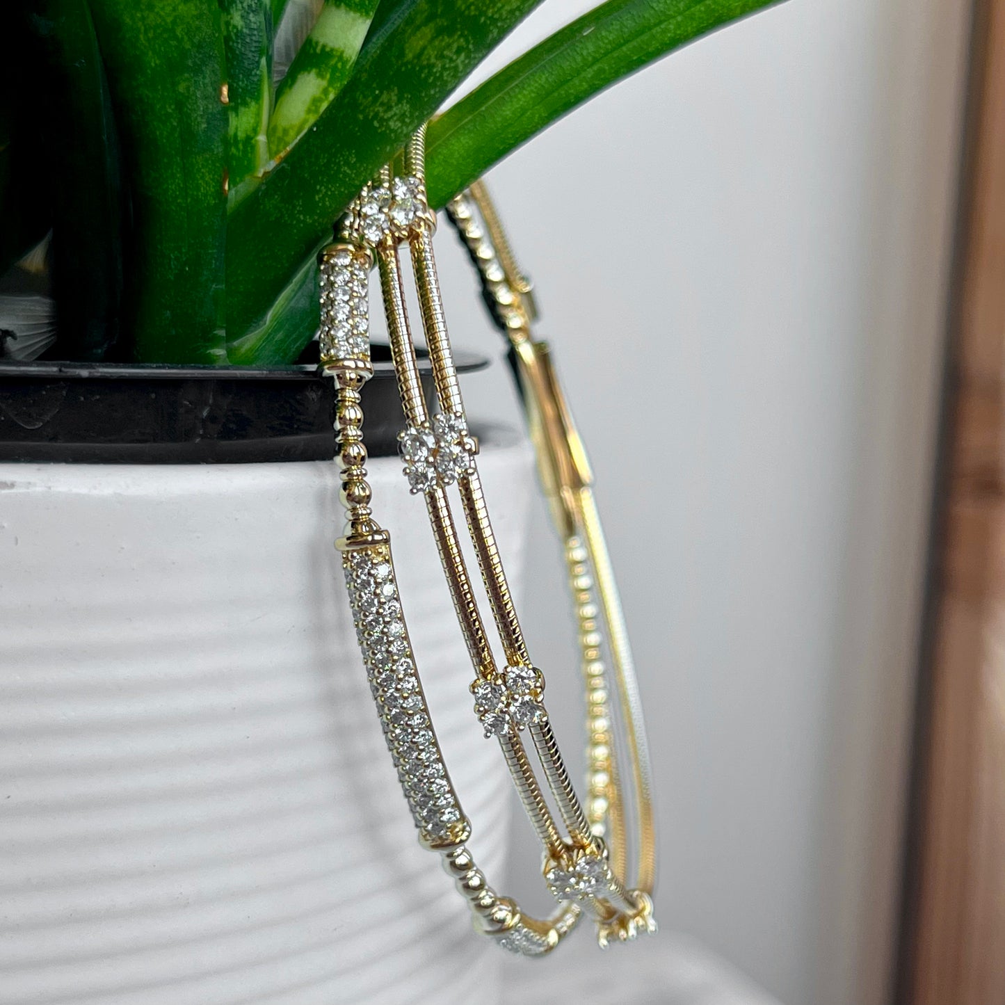 14K Yellow gold Pave Diamond 3-Station Flexible Bracelet