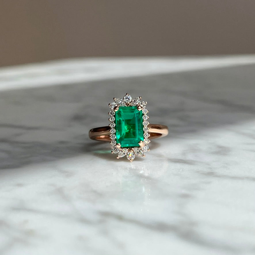 14K Rose Gold Emerald and Diamond Halo Ring 2.36CTW