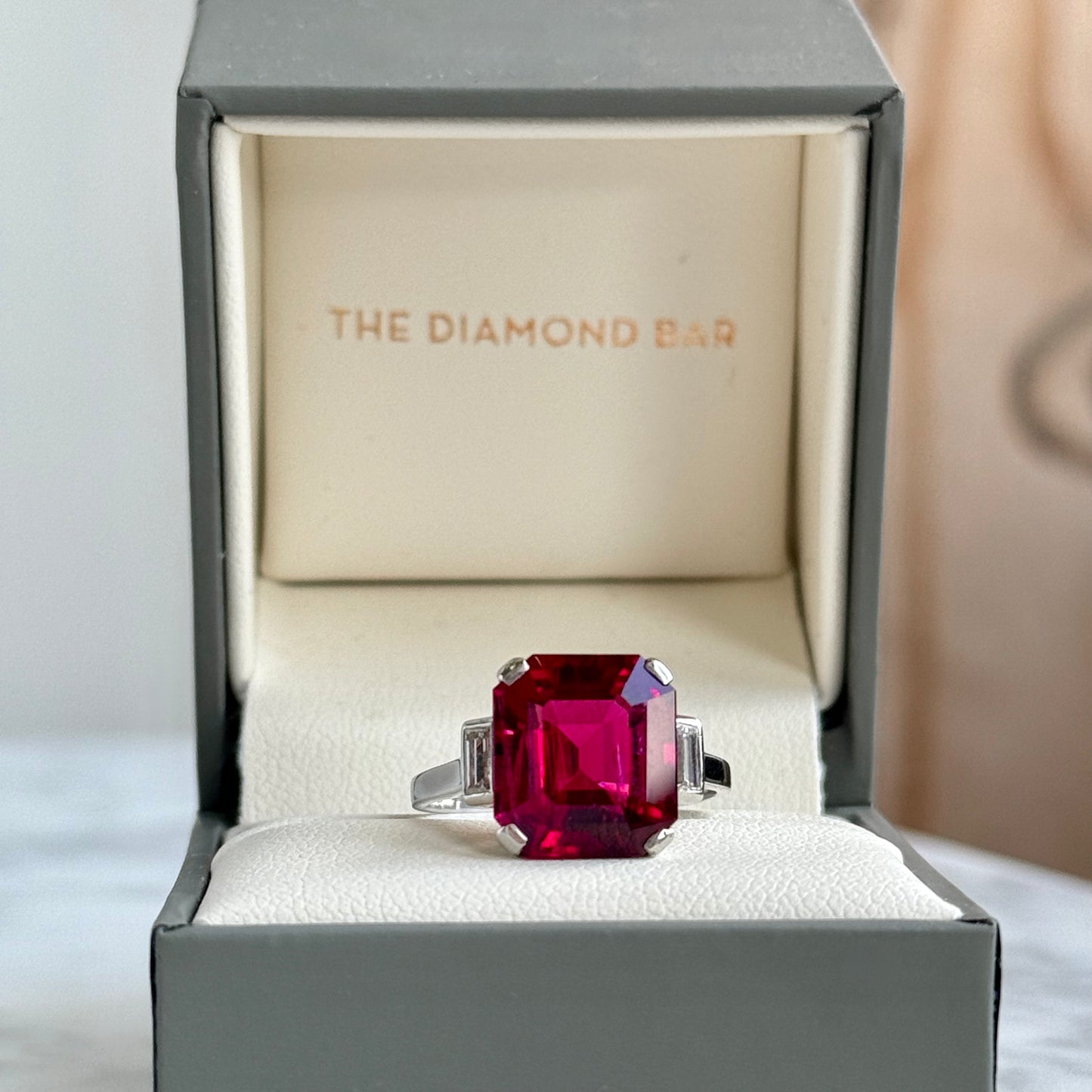 18K White Gold Rubellite Tourmaline and Diamond Three Stone Ring
