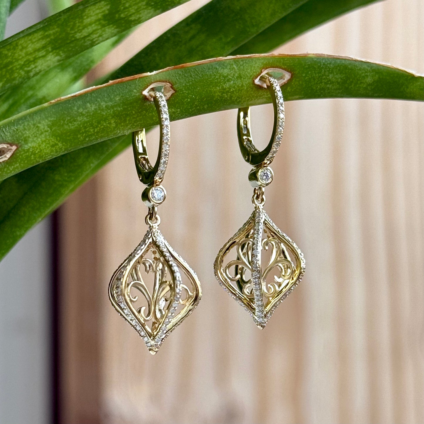 14K Yellow Gold Vintage Inspired Diamond Dangle Ornament Earrings