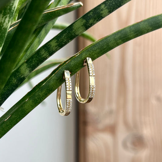 14K Yellow Gold "Block" Diamond Hoop Earrings