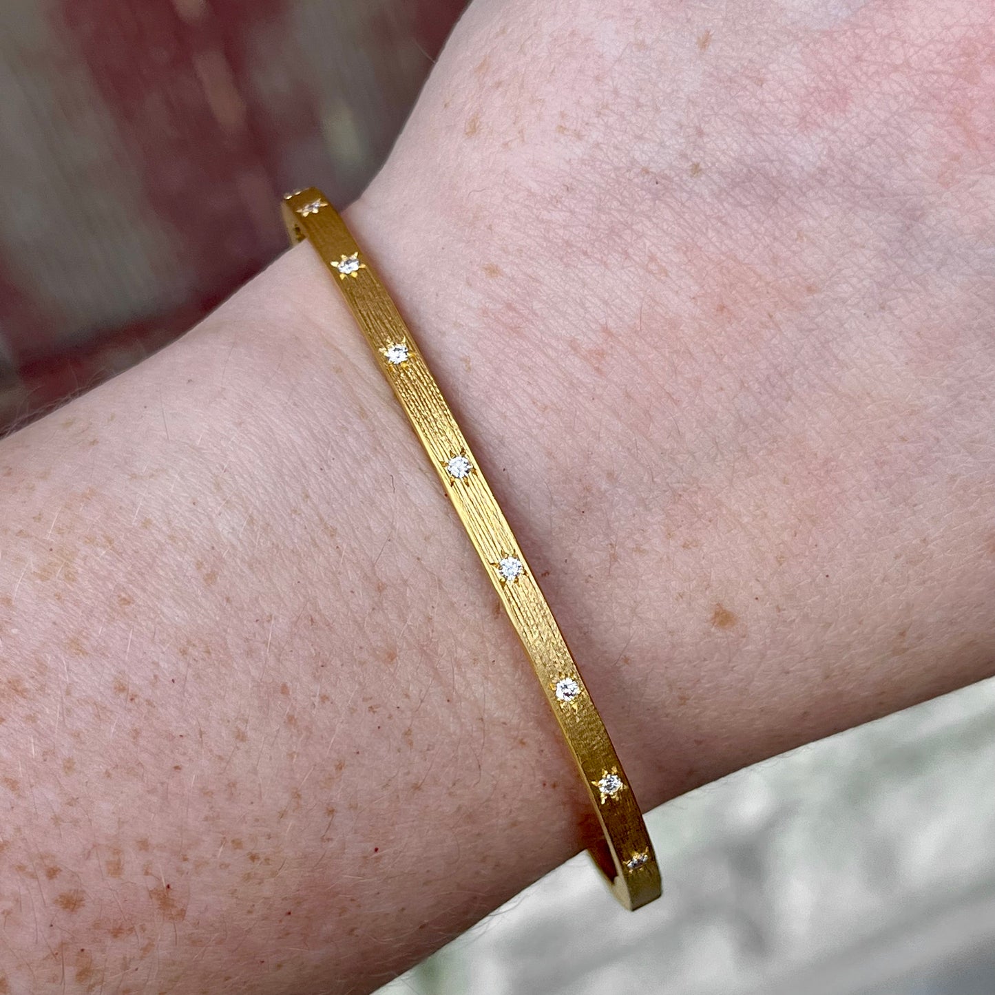 14K Yellow Gold Matte "Star" Diamond Bangle Bracelet