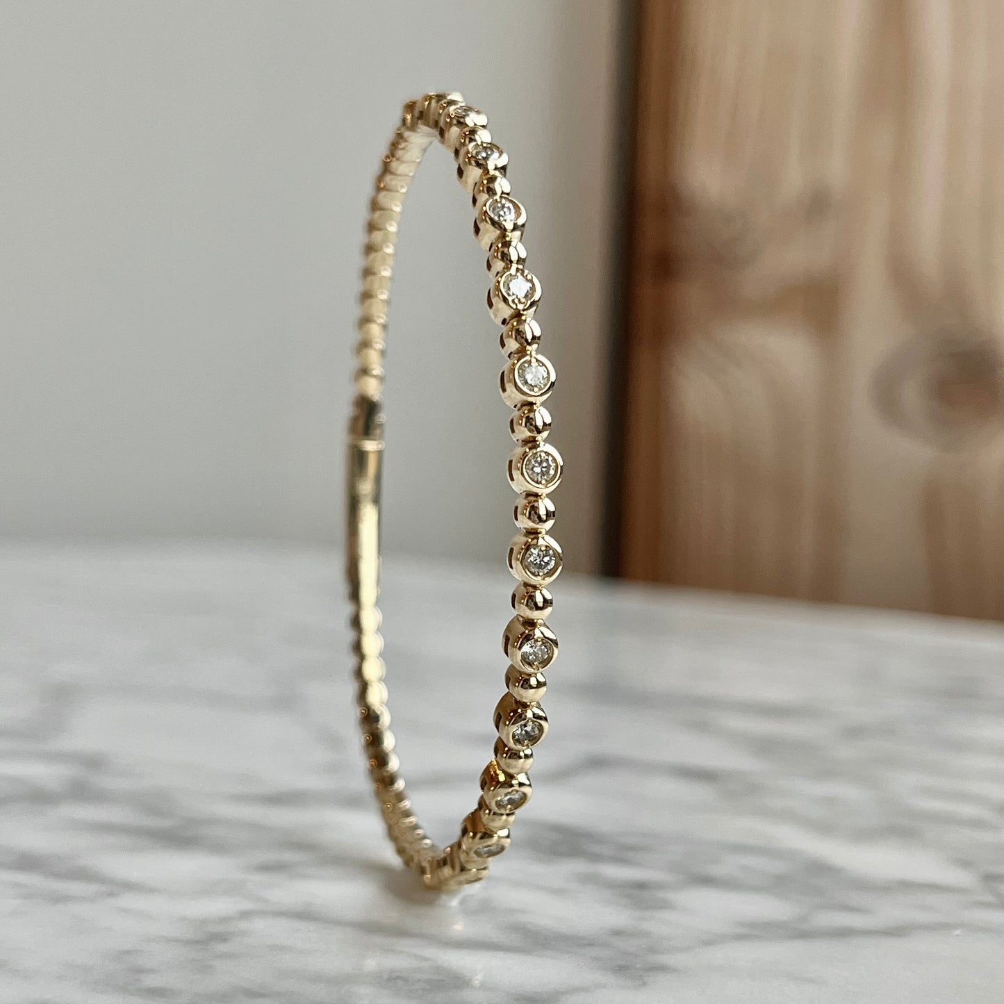 14K Yellow Gold Diamond Beaded Flexible Bangle Bracelet