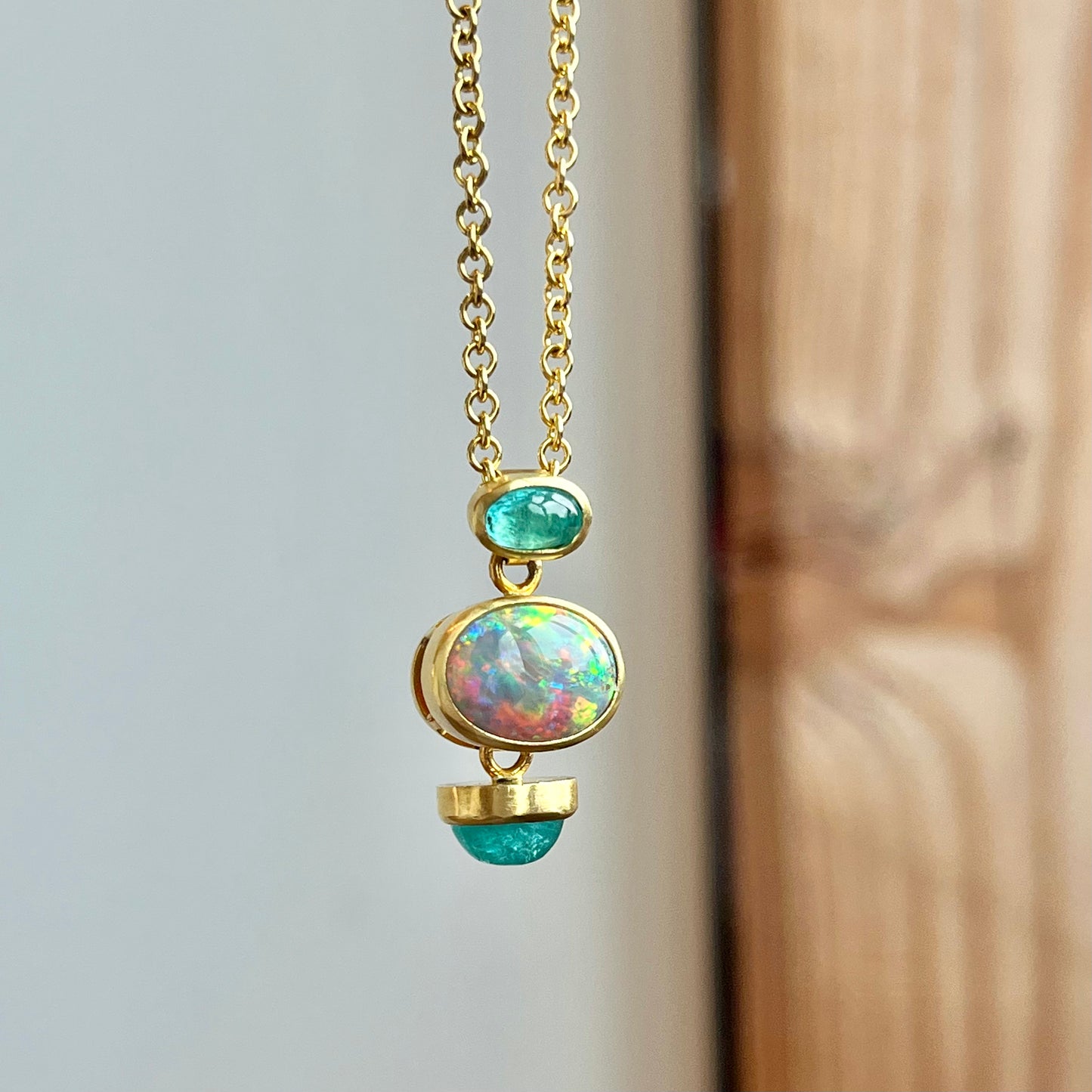 One (1) 18K Yellow Gold Opal and Pariba Tourmaline Necklace 4.54CTW