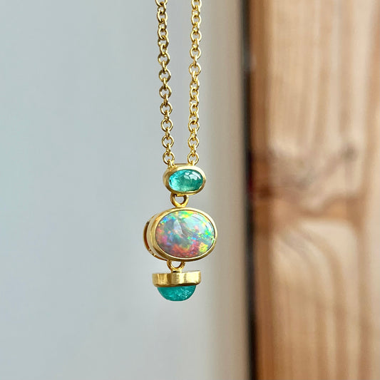 One (1) 18K Yellow Gold Opal and Pariba Tourmaline Necklace 4.54CTW