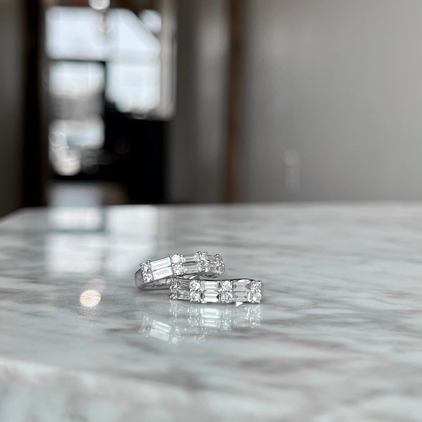 18K White Gold Baguette and Round Double Row "Huggie" Hoop Earrings