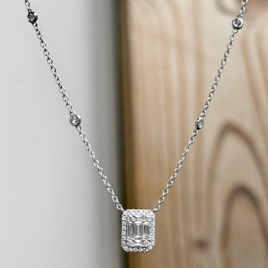 18K White Gold Baguette and Round Diamond Halo Necklace