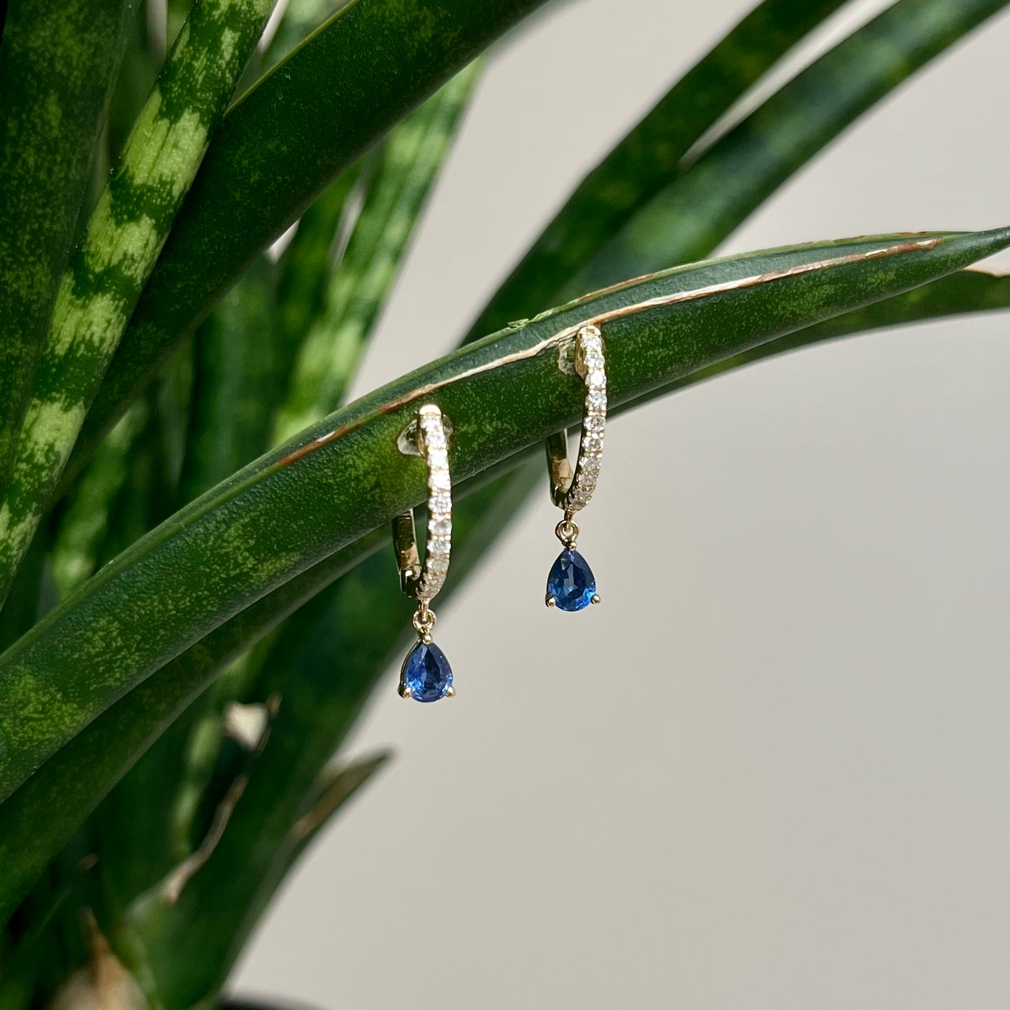 14K Yellow Gold Diamond and Sapphire Huggie Hoop Earrings