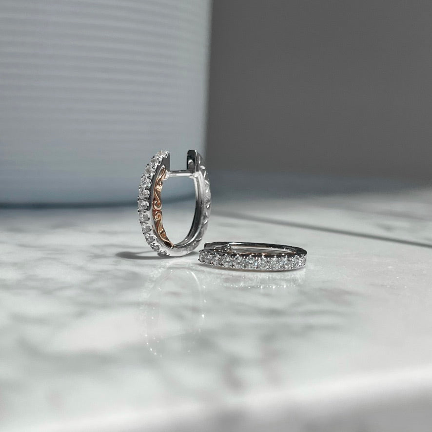 14K White and Rose Gold Straight Diamond Huggie Hoop Earrings