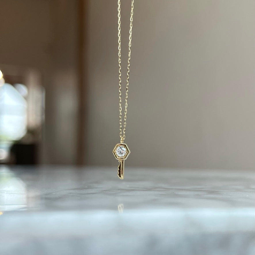 18K Yellow Gold Diamond Key Necklace
