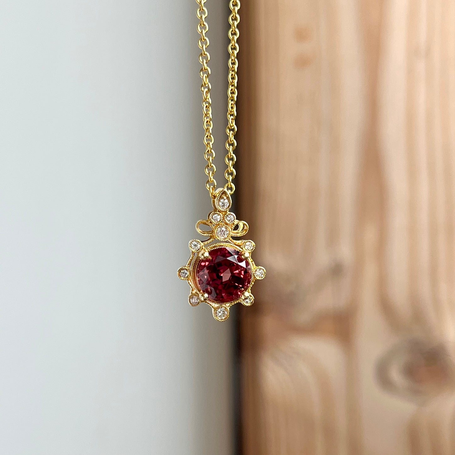 14K Yellow Gold Garnet and Diamond Vintage Necklace