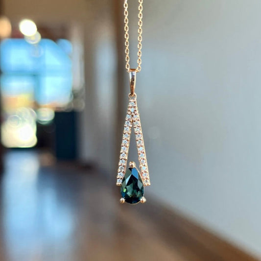14K Rose Gold Teal Pear Shape Sapphire and Diamond Necklace 1.49CTW