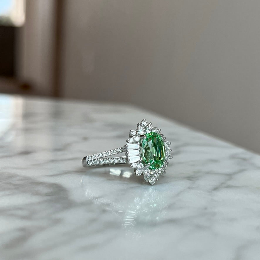 18K White Gold Mint Tsavorite Garnet and Diamond Halo Ring 3.14CTW