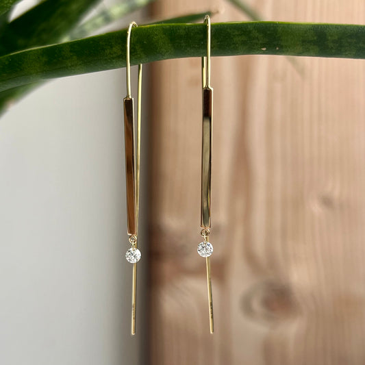 14K Yellow Gold Long Bar Floating Diamond Threader Earrings 16/100CTW