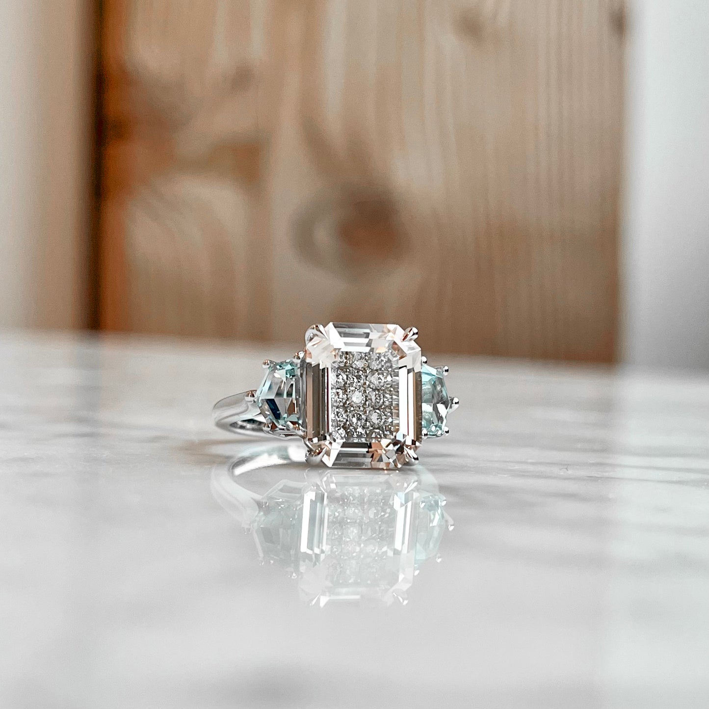14K White Gold "Lumineve" Morganite and Aquamarine Ring