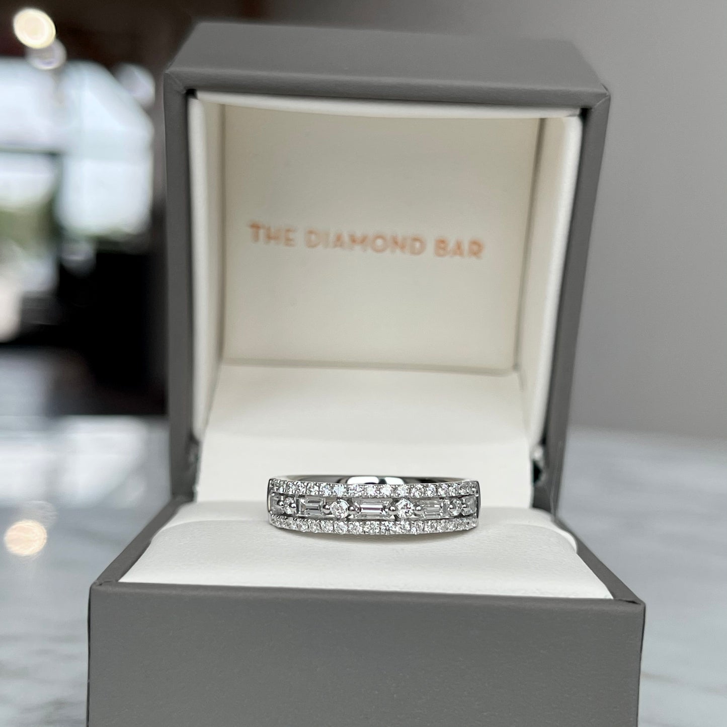 18K White Gold Triple Row Baguette and Round Diamond Anniversary Band