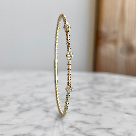 14K Yellow Gold "3 Stone" Diamond Flexible Bangle Bracelet
