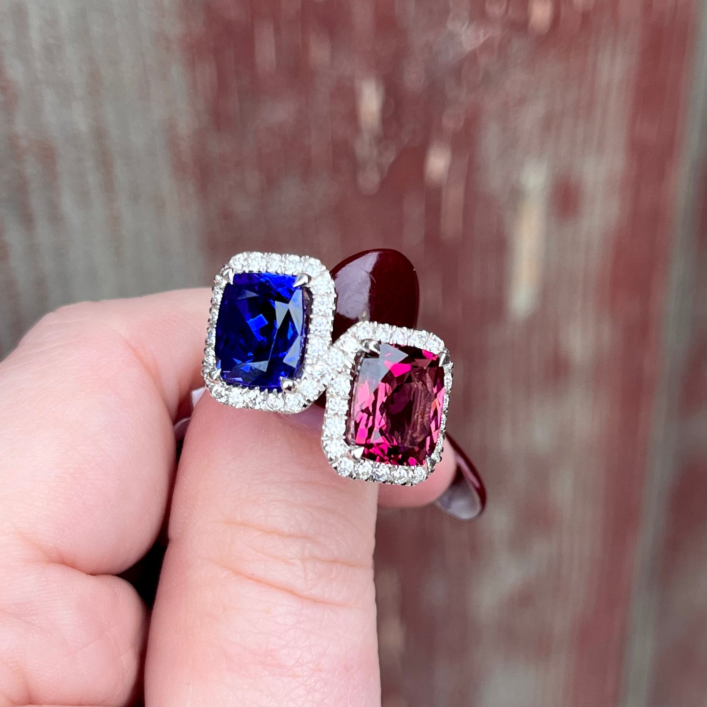 14K White Gold Tanzanite and Pink Tourmaline Ring with Diamond Halos