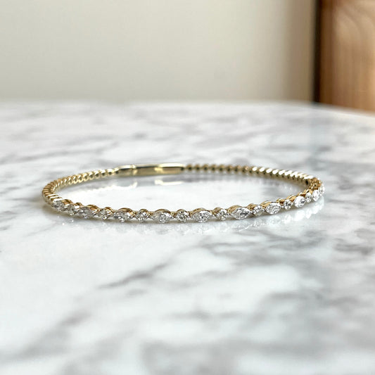 14K Yellow Gold Marquise and Diamond Single Prong Flexible Bangle Bracelet
