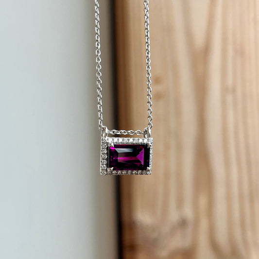 14K White Gold Purple Garnet and Diamond Halo Necklace