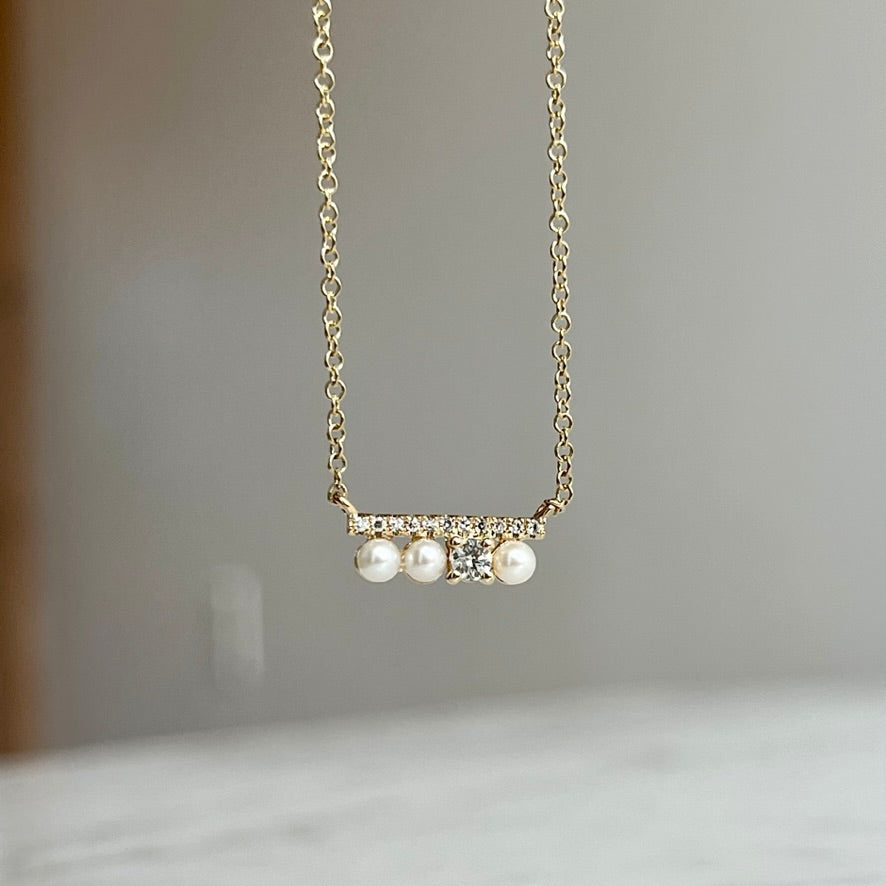 14K Diamond and Pearl Bar Necklace