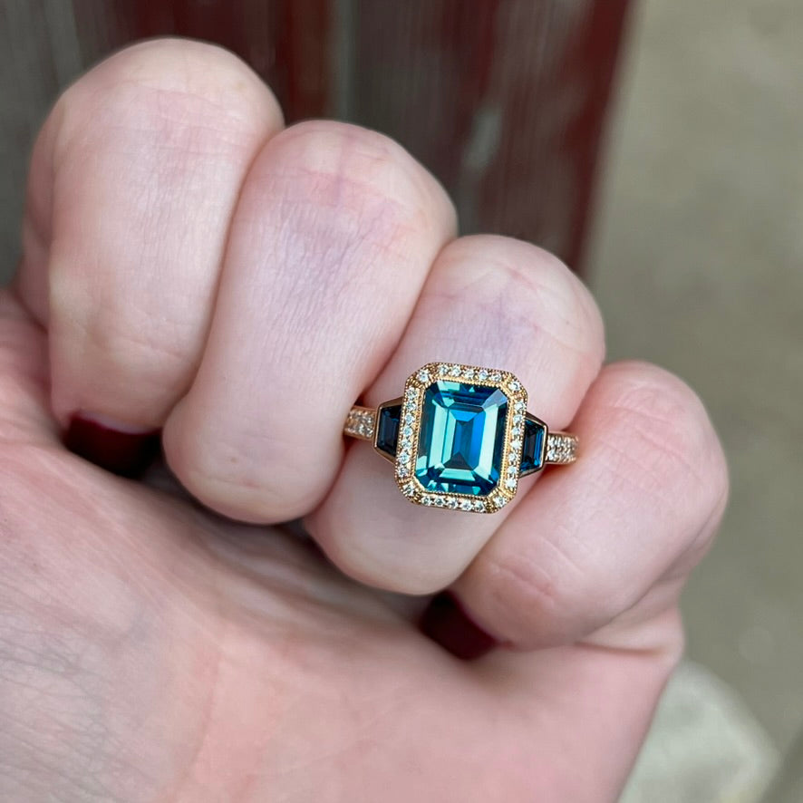 14K Rose Gold Blue Topaz and Diamond Halo Ring