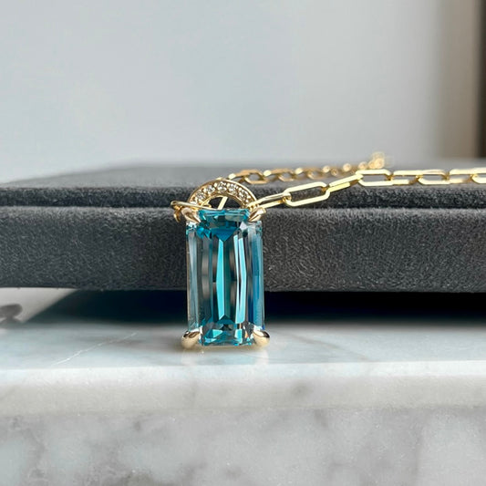 14K Yellow Gold Blue Topaz and Diamond "Lock Inspired" Necklace