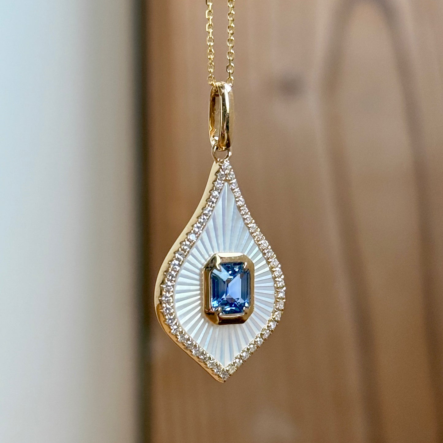 14K Yellow Gold Blue Sapphire, Mother-of-Pearl, and Diamond Halo Necklace