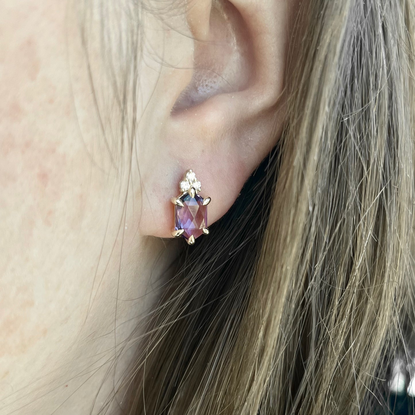 14K Yellow Gold Amethyst and Diamond Stud Earrings.