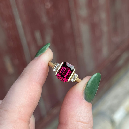 14K Yellow Gold Matte Rhodolite Garnet and Diamond Three Stone Bar Ring 2.84CT